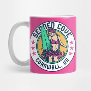 Retro Surfer Babe Badge Sennen Cove Cornwall UK Mug